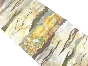 引箔　霞に樹木模様織り出し　袋帯